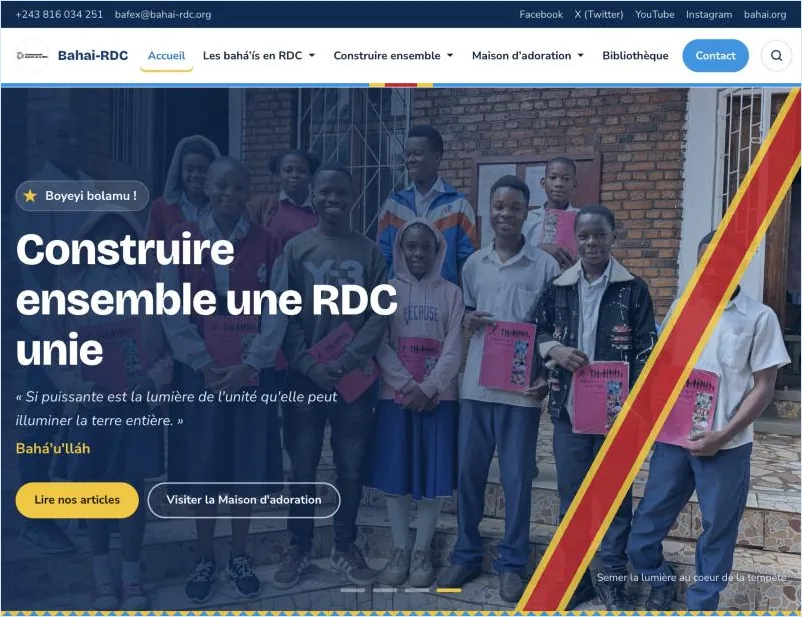 Page d'accueil du site bahai-rdc.org avec le titre « Construire ensemble une RDC unie »