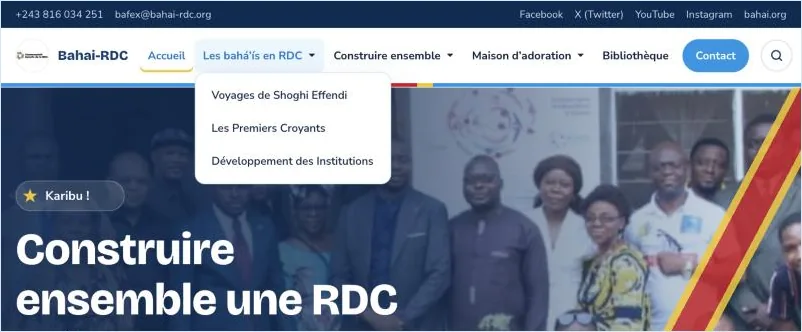 Menu déroulant « Les bahá'ís en RDC » ouvert sur le site