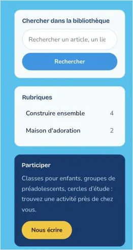 Encadrés latéraux d'une page d'article : recherche, rubriques et bouton « Nous écrire »