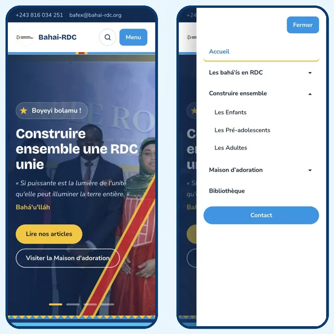 Deux captures du site sur téléphone : l'accueil et le menu ouvert